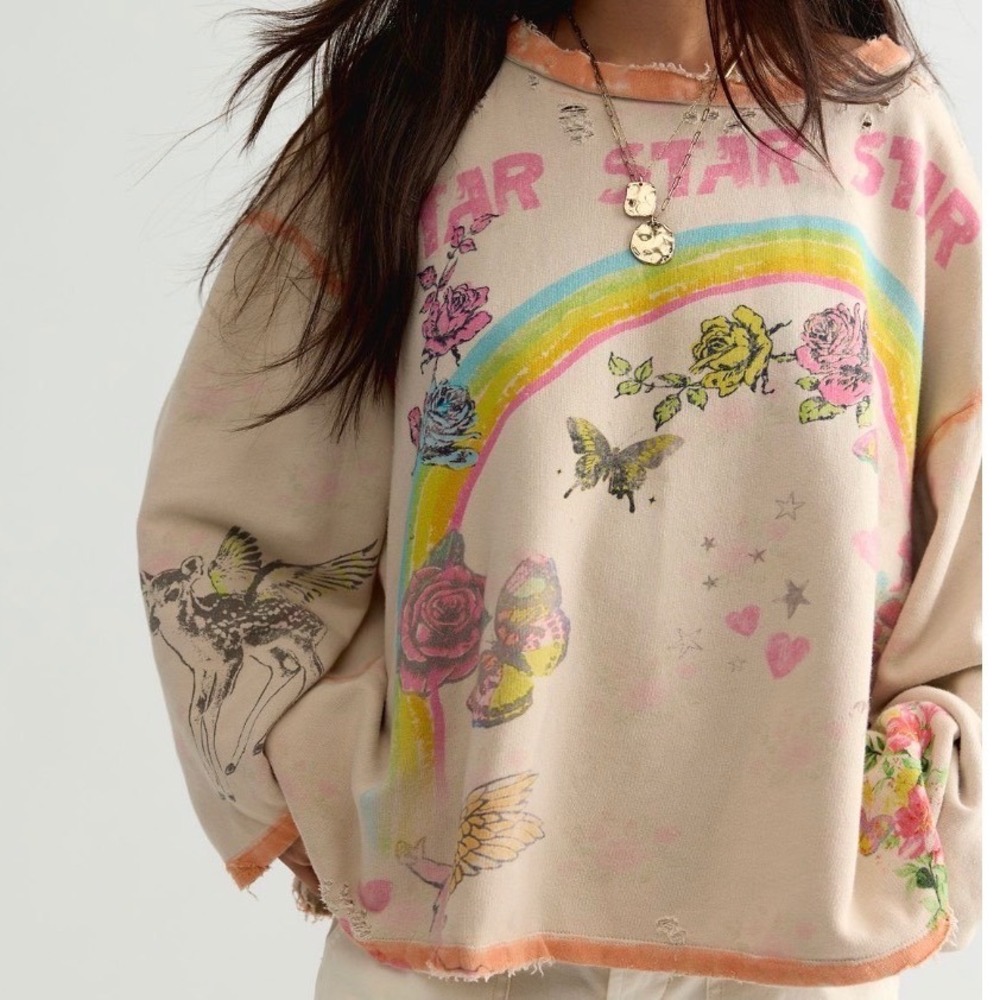 MAGNOLIA PEARL STAR RAINBOW HERMOSA DISTRESSED SWEATSHIRT NWT Butterflies Roses - Picture 5 of 8